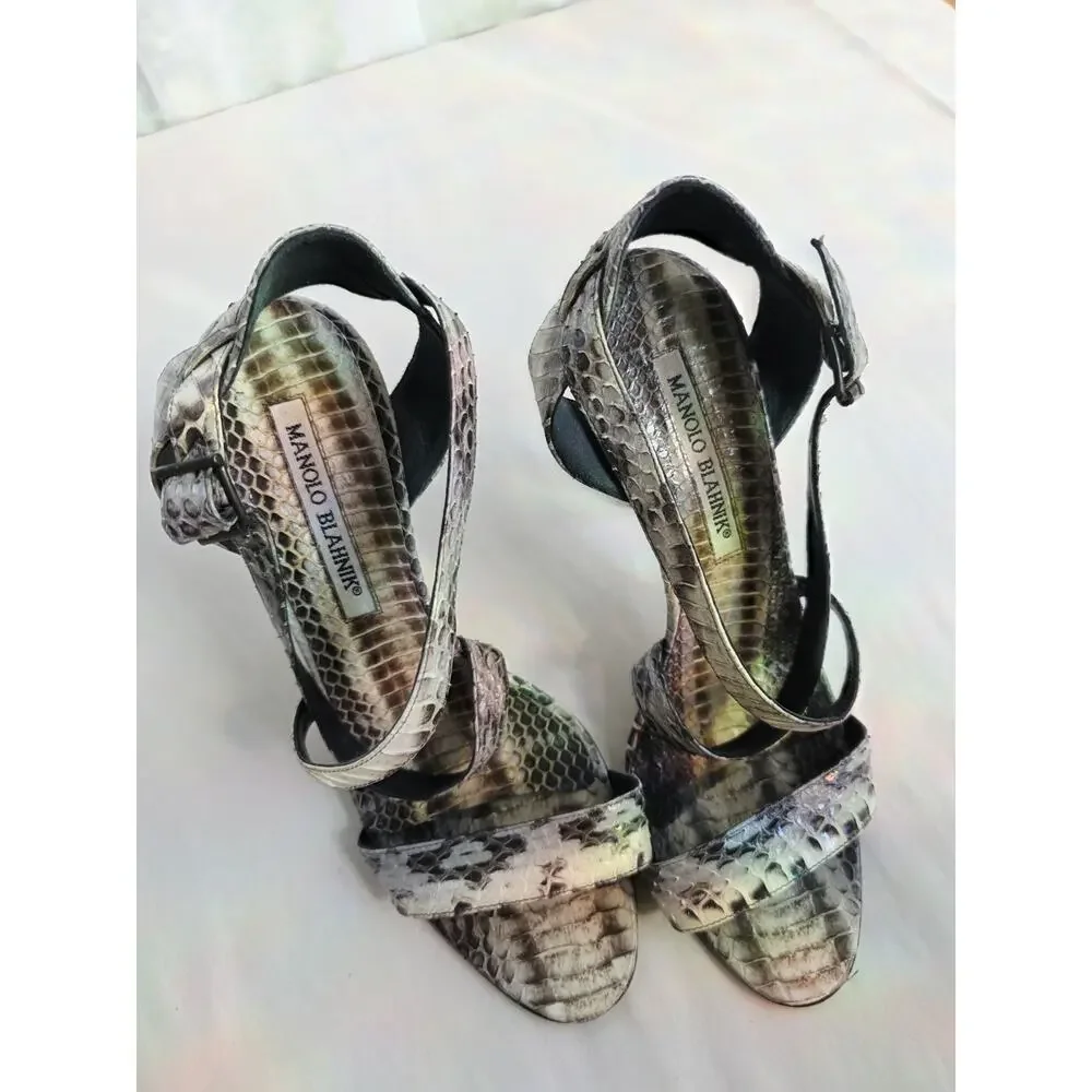 Manolo Blahnik Gray Snakeskin Python Heels strappy Sandals Shoes 36 Stilettos
